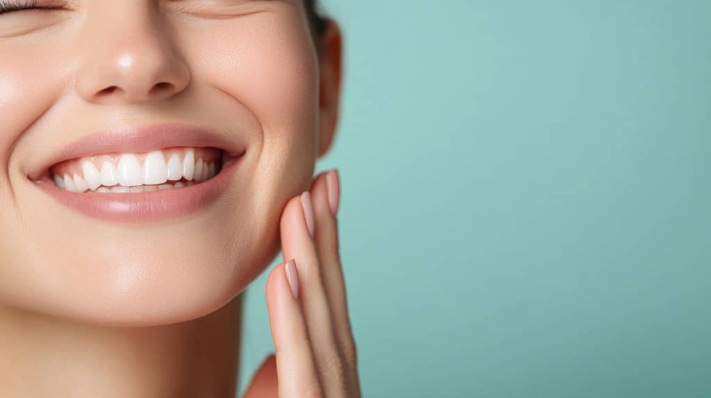 A close-up of a smiling woman touching her cheek, showcasing healthy skin and bright teeth against a light blue background. Illumination facial with RF