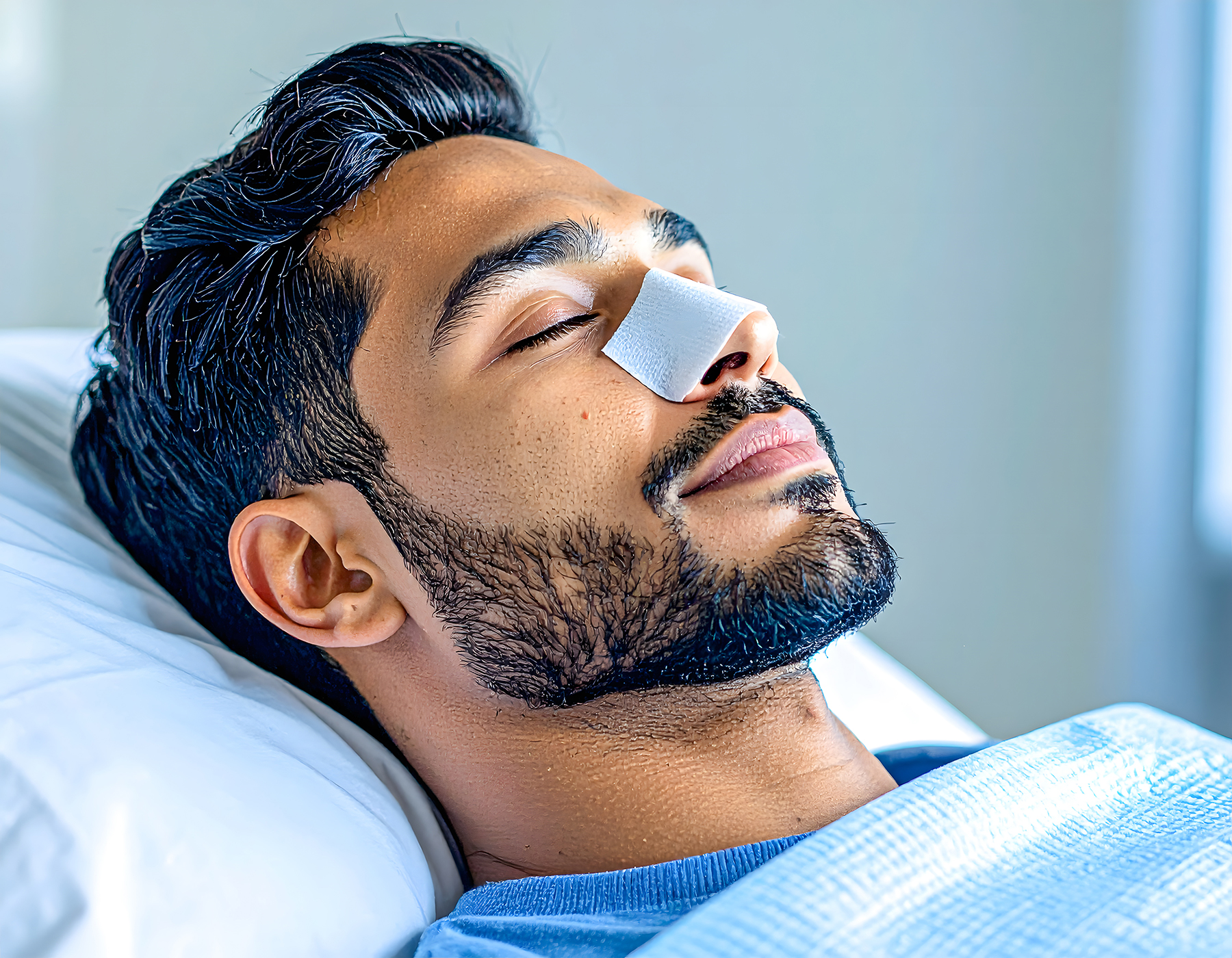A realistic clinical setting featuring a patient resting calmly after rhinoplasty, with a visible nose bandage, in a clean and sterile treatment room.