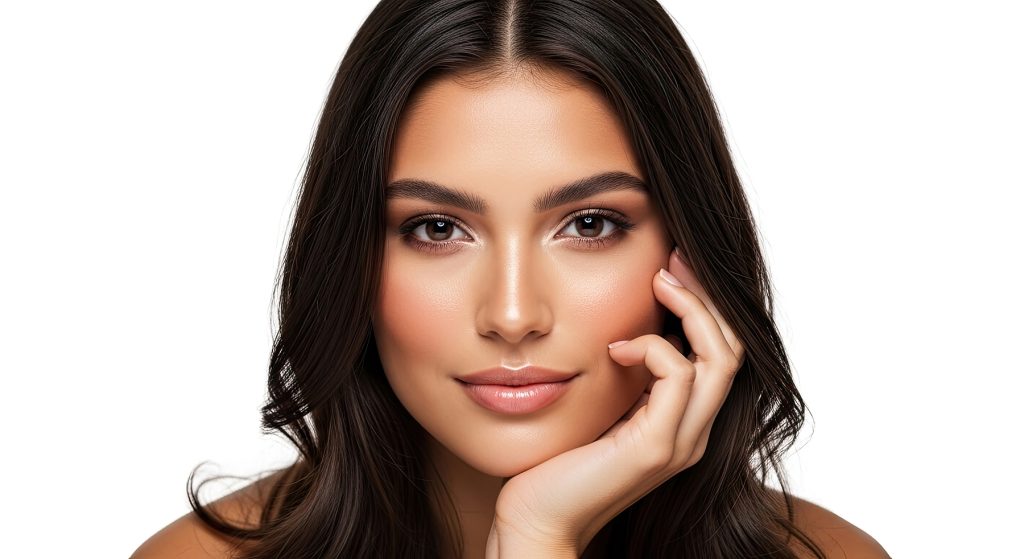 Portrait Of A Young Woman With Radiant Skin And Dark Wavy Hair Against White Background functional and cosmetic rhinoplasty