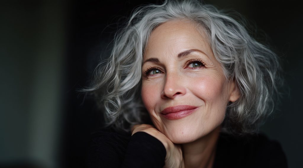 Portrait of a smiling mature woman with gray hair Face Lift, rhinoplasty