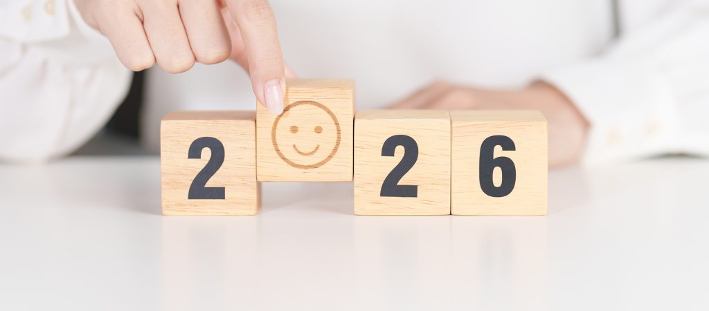 2025 end year to Happy New Year 2026 with Smile block. Satisfact New Year resolutions for new nose