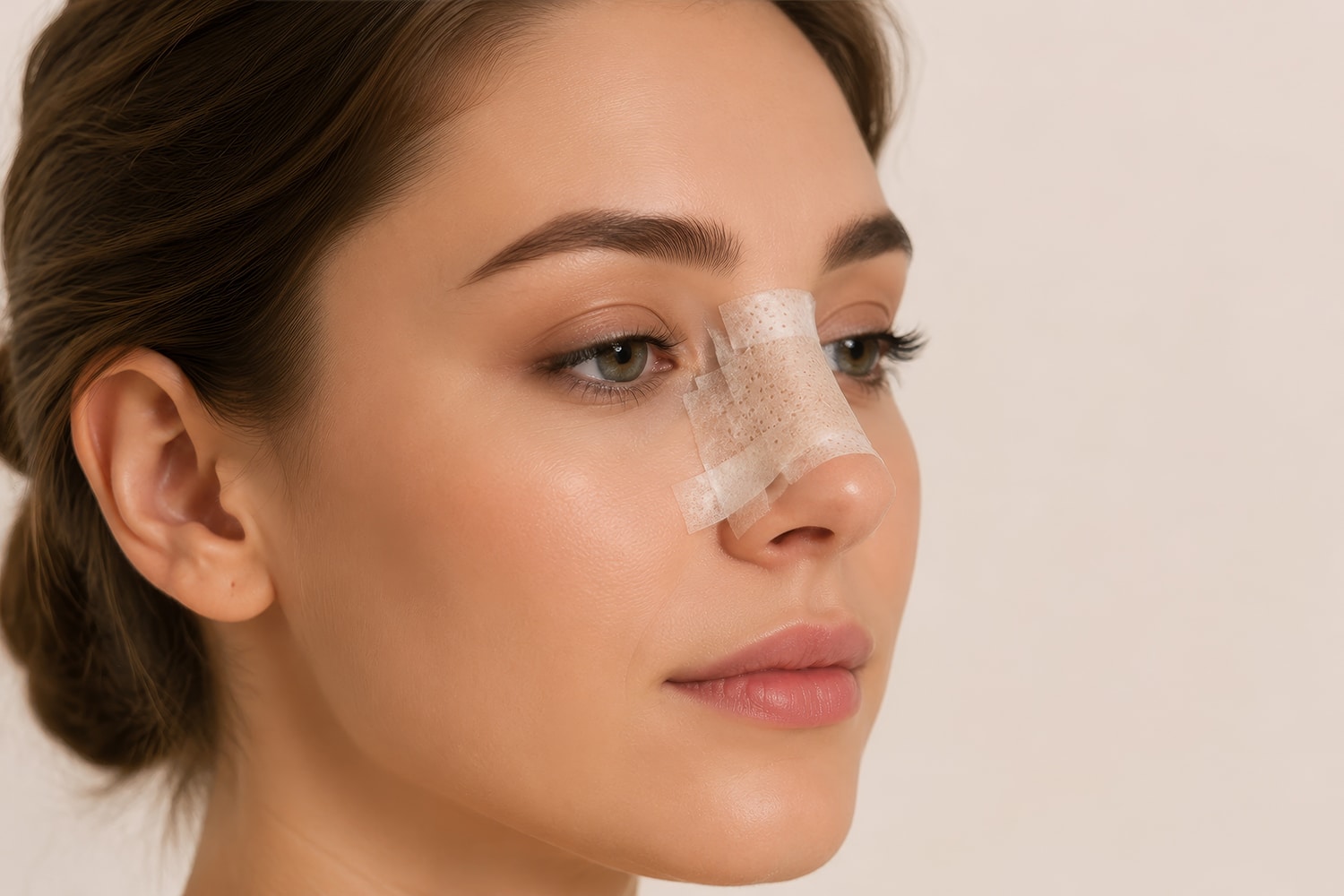 girl with nose bandage after rhinoplasty