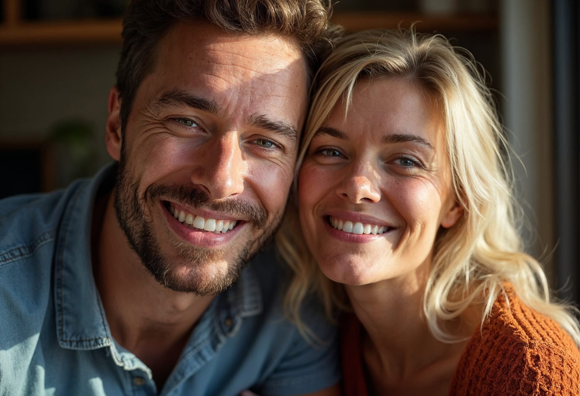 Young Couple in Their Thirties Smiling Husband with a Beard and Vibrant couple in their 40s
