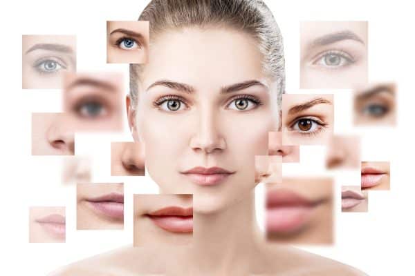 Face of beautiful woman pictured of different parts. Where do you start before facial plastic surgery