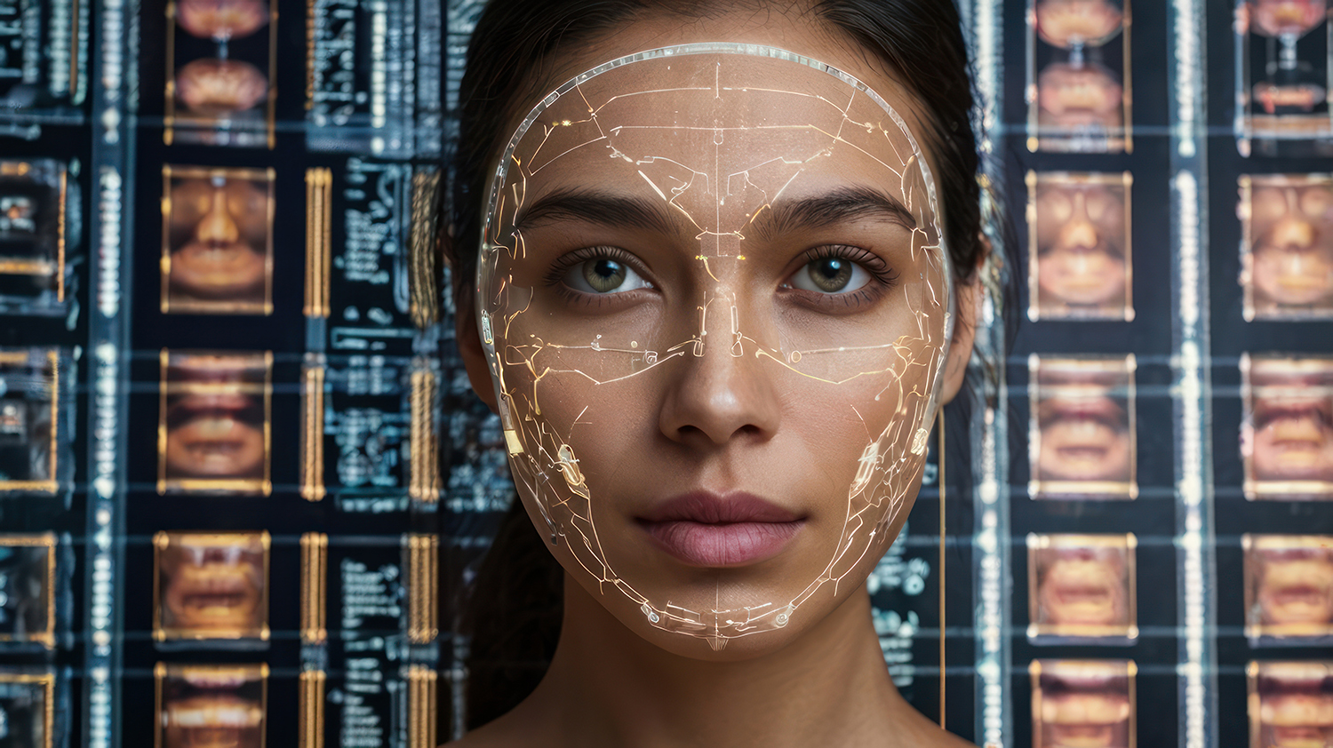 Woman’s face with digital overlay 3D facial imaging for plastic surgery