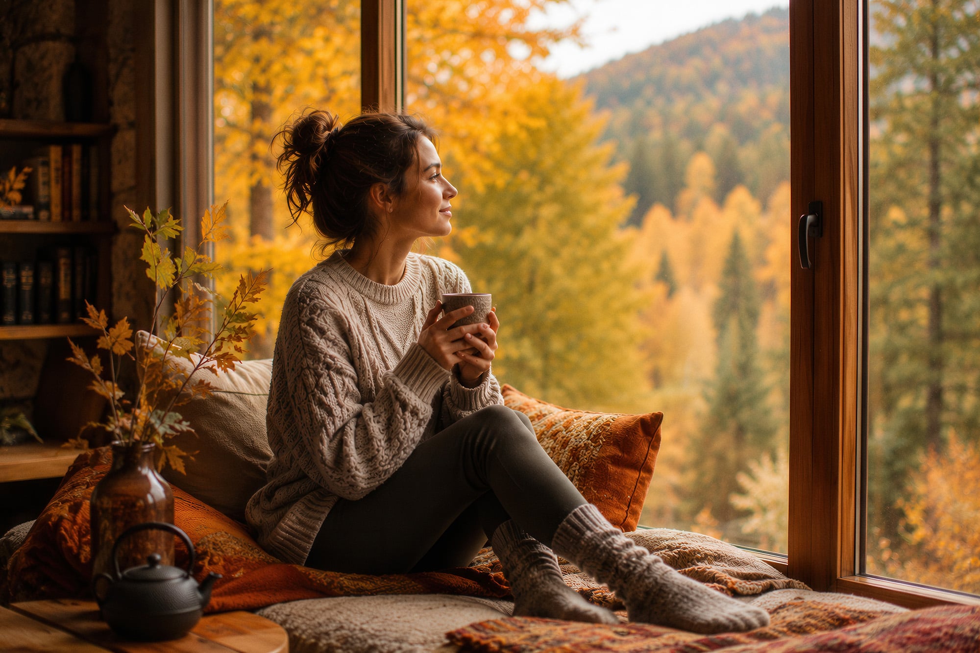 Woman sips tea, gazing out autumn window Best time to have facial plastic surgery